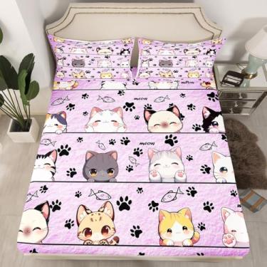 Imagem de Jogo de lençol de microfibra de animais fofos com desenho de gato e gatinho, 3 peças, 3 peças, lençol com elástico, 2 fronhas, casal