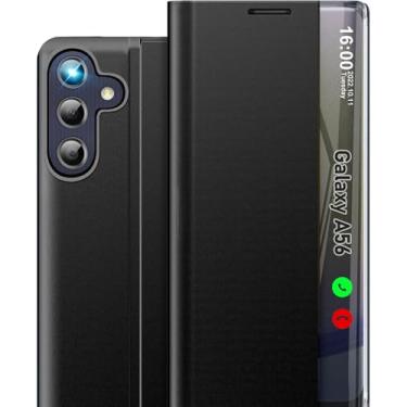 Imagem de Qissy Capa de telefone para Samsung Galaxy A56 5G, janela de visão clara, luxuosa, fina, espelhada, com suporte, capa protetora de couro rígido à prova de choque (preto)