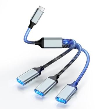 Imagem de Cabo divisor USB Y 1 em 3, adaptador USB C 1 macho para 3 fêmeas, cabo de carregamento rápido USB 2.0 com tipo C, transferência de dados, para Mac, carro, laptop, PC, Xbox One Series X/S, PS4, PS5