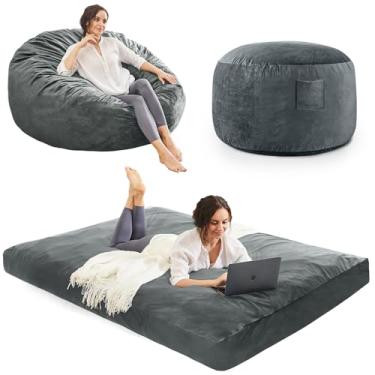 Imagem de Cadeiras de pufe para adultos – Cadeira gigante para pufe conversível – Cadeira Beanbag com cobertura de microfibra/enchimento de espuma para móveis – Sofá de chão no quarto do dormitório – Carvão