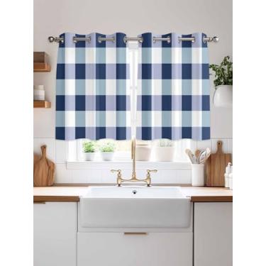Imagem de Cortinas blecaute azul marinho branco búfalo xadrez 45 polegadas comprimento 2 painéis, cortina de janela superior xadrez rústica para sala de estar/quarto, cortinas geométricas modernas com