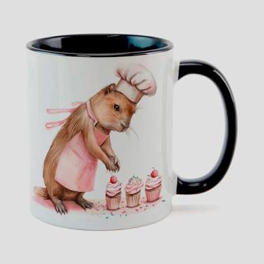 Imagem de Caneca Branca com Alça e Interna Preta de Porcelana 325ml CAPIVARA MAMAE BOLO 3