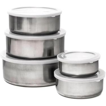 Imagem de Conjunto de Potes Tigelas Inox 5 Peças Redondas P Alimentos - Kit 5 Vasilhas de Aço Inox Com Tampa Hermética - Cozinha Moderna Premium
