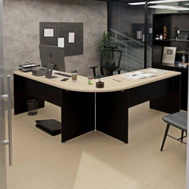 Imagem de Mesa Escrivaninha em L Canto Arredondado 140x60cm Carvalho/Preto