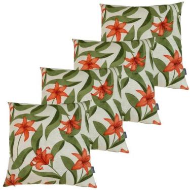 Imagem de Kit 4 Capa De Almofada Belize Folhas Verde Flor Laranja Impermeável 45