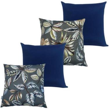 Imagem de Kit 4 Capa De Almofada Belize Folhagens Fundo Cinza e Lisa Azul Imperm