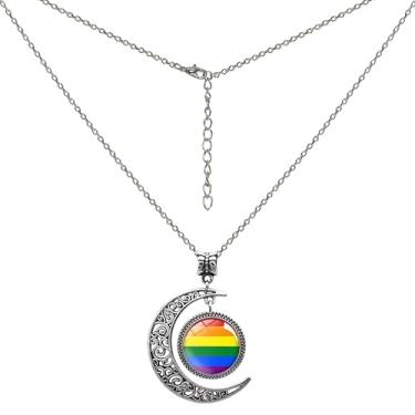 Imagem de LAMIBEE Colar com pingente de arco-íris LGBTQIA+ reflete cores de orgulho para lésbicas, gays, bissexuais, transgêneros, não binários e muito mais, ajustável 45 cm + 5 cm, design de sol e lua, Large