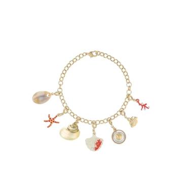 Imagem de Firopia Pingente de oceano Brancelet para mulheres|Concha do Mar Concha Coral Golfinho Âncora Pérola Turquesa Miçanga Strass Brancelet| Presentes de joias de praia de verão Brancelets, 7.5, Strass