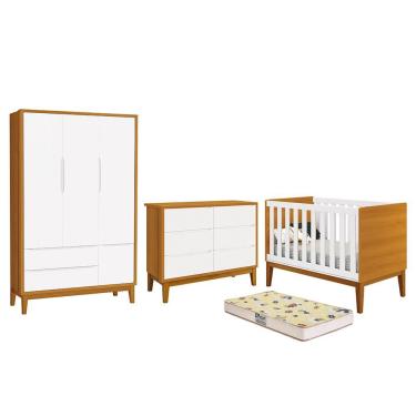 Imagem de Dormitório Completo Infantil Classic 3 Portas, Cômoda 6 Gavetas, Berço com Pés Amadeirado e Colchão D18 - Reller Móveis Branco/Savana