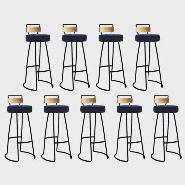 Imagem de Kit 09 Banqueta Alta Alice Bar Balcão Cozinha Com Encosto Madeira Ferro Preto Suede Azul Marinho - Ahz Móveis
