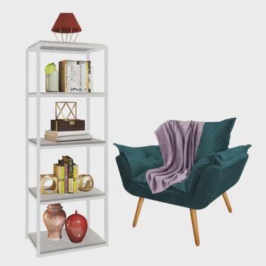 Imagem de Kit Poltrona Fatte com Manta Soft Lilás e Estante Livreiro Ferro Branco mdf Marmorizado Cinza Suede Azul Turquesa - Ahazzo Móveis