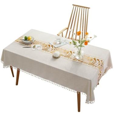 Imagem de JDJXYNSRT Toalha de mesa decorativa com estampa dourada, acabamento de borla de algodão, bege, retangular