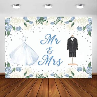Imagem de Avezano Mr and Mrs Wedding Backdrop Vestido de casamento e terno de noivo decoração de festa chá de noiva flores brancas lisas casais fotografia fundo estande banner (2,4 x 1,8 m)