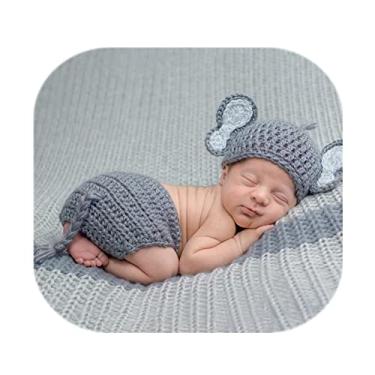 Imagem de Vemonllas Acessórios para fotografia de recém-nascidos, meninos, meninas, chapéu de elefante, gorro e shorts, adereços para fotos de bebê, fantasias tricotadas de crochê (cinza claro)