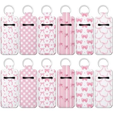 Imagem de Yeyeplum Porta-batom com laço rosa, 12 peças, porta-chaves a granel bonito bolso protetor labial, porta-chaves, mochila, acessórios para mulheres, bolsa de manga com brilho labial, 6 estilos