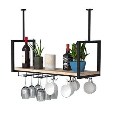 Imagem de CUTPOIY Rack de vinho suspenso no teto com suporte e prateleira de vidro, prateleira flutuante de bar vintage industrial, suporte de garrafa de vinho pendurado no teto (preto 80 x 30 x 60 cm)