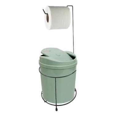 Imagem de Suporte Porta Papel Higiênico Preto Com Lixeira 5L Cesto Lixo Verde Ta