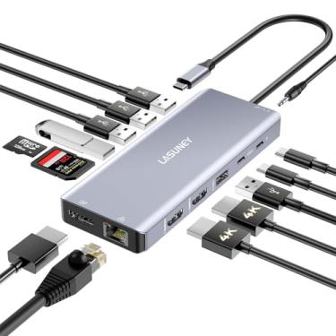 Imagem de Lasuney Estação de ancoragem para laptop USB C 13 em 1 com HDMI, DP, RJ45, PD, SD/TF, USB 3.0, Microfone/Áudio, 3 Monitores Adaptador Multiportas Dongle, Compatível com Laptops MacBook/Dell/HP/Lenovo