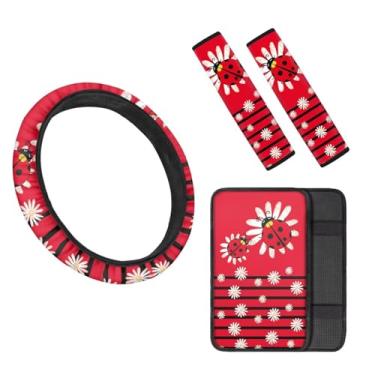 Imagem de TOADDMOS Capas de volante Ladybird Daisy para carro console central universal almofada de apoio de braço almofada respirável para cinto de segurança adequado para mulheres lindas meninas sedãs, carros