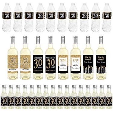 Imagem de Big Dot of Happiness 30º aniversário adulto - ouro - mini rótulos de garrafa de vinho, rótulos de garrafa de vinho e etiquetas de garrafa de água - Decorações de festa de aniversário - Kit de bar de bebidas - 34 peças