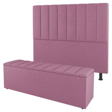Imagem de Kit Cabeceira E Baú Cama Box Solteiro Cora 90cm Suede Rosa