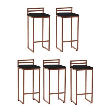 Imagem de Kit 05 Banqueta Alta Com Encosto Petra Balcão Bar Cozinha Bistrô Ferro Bronze Corino Preto