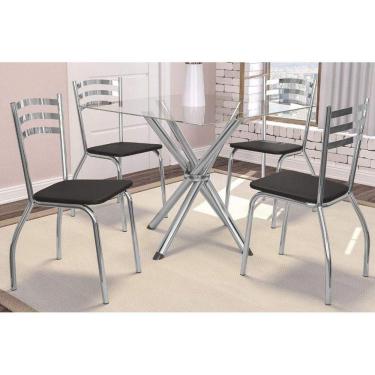 Imagem de Kit Mesa Volga C- Tampo Vidro 90cm + 4 Cadeiras Portugal Cromado Courano Preto