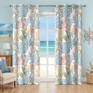 Imagem de Conjunto de 2 painéis de cortinas de praia costeira com padrão de oceano náutico, isolamento térmico, 50% bloqueador de luz, escurecimento da sala, ilhós, janela, estampa coral, cortinas para sala de