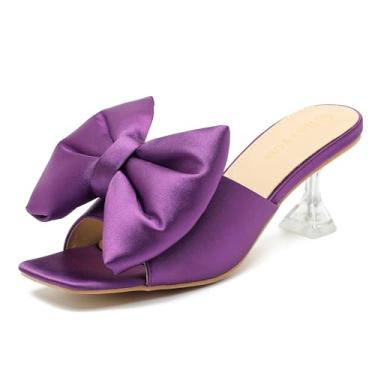 Imagem de Heiyom Pantufas femininas de salto transparente com laço, bico quadrado, stiletto mules, sapatos de formatura de casamento, Roxa, 36