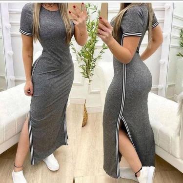 Imagem de vestido longo fenda na lateral listra fina manga curta feminino - Filó