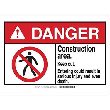 Imagem de Brady 144610 Alumínio "Danger Construction Area. Keep Out. Entrar pode resultar em lesões graves e até mesmo a morte." Placa, 25,4 cm A x 35,5 cm L, preto/vermelho em branco