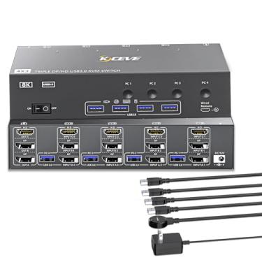 Imagem de KVM Switch 3 Monitores 4 Computadores HDMI + DisplayPort, KCEVE USB 3.0 DP KVM Switcher, 8K @30Hz/4K @ 144Hz DP KVM para 4 PCs Compartilhar 3 Monitores e 4 Dispositivos USB 3.0