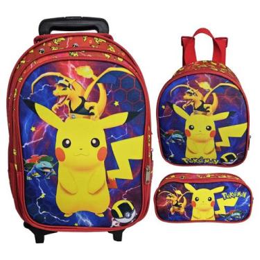 Imagem de Kit Mochila Escolar Pikachu, Pokemon Com Rodinhas, Lancheira e Estojo 