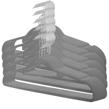 Imagem de Kit 50 Cabides de Veludo Slim Adulto Cinza Antideslizante Ultrafino com Gancho Giratório Cromado Premium para Roupas Camisas Calças Saias Vestidos