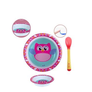 Imagem de Pratinho Fundo + Colher Silicone Kit Infantil Seguro - Arts, Coruja