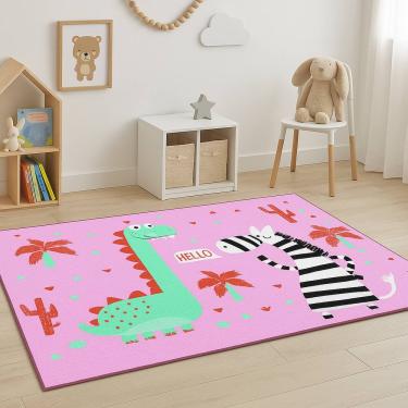 Imagem de Tapete Infantil Emborrachado Antiderrapante 100x140cm - Dino Rosa