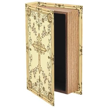 Imagem de CREATCABIN Caixa de armazenamento de livros retrô decorativa, caixa de armazenamento de livros falsos, caixa de armazenamento de livros falsos, ouro cruzado, decoração de mesa, prateleira para