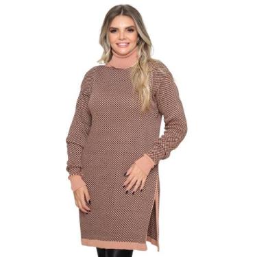 Imagem de Poncho Feminino de Tricô Mousse Xadrez Gola Alta Plus Size - Ebenezer,