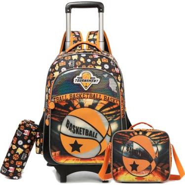 Imagem de Egchescebo Mochila Escolar Infantil com Rodinhas para Meninos e Crianças Rodas Bolsa Mala Carrinho 17” 3PCS Lancheira Juvenil Estojo Costas Divertidamente Rodas Amovível Viagem Basquetebol Laranja