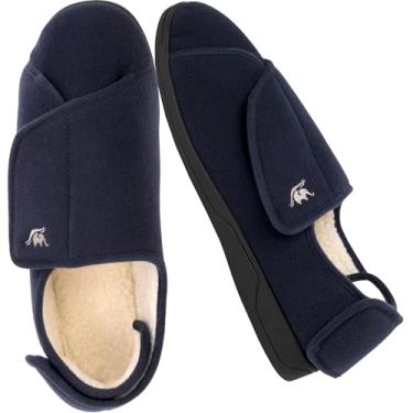 Imagem de Pantufa masculina 80-D de espuma viscoelástica com fechos ajustáveis, largura extra grande confortável de lã de pelúcia artrite de edema encolhida Diabetic House Shoes Lavável na máquina com sola antiderrapante, Navy Blue/White, 13