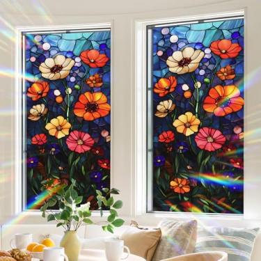 Imagem de BVBOX Película de privacidade para janela 44,5 cm x 99,8 cm, adesivo de película de vitral com bloqueio solar, adesivo decorativo não adesivo para controle de calor de porta doméstica, flor 6