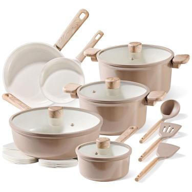 Imagem de Jogo de Panelas e Frigideiras Cerâmicas CAROTE 15 peças, Antiaderente, Livre de PFOA e PFAS, Marrom Taupe