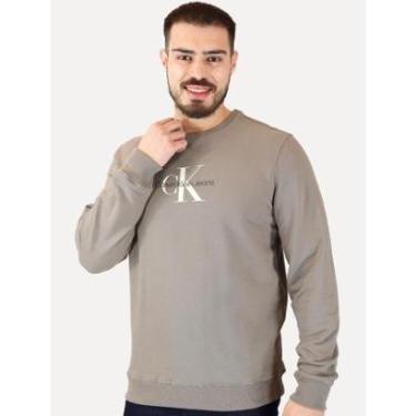 Imagem de Moletom Calvin Klein Jeans Masculino Crewneck Logo New RE Issue Cáqui Médio-Masculino