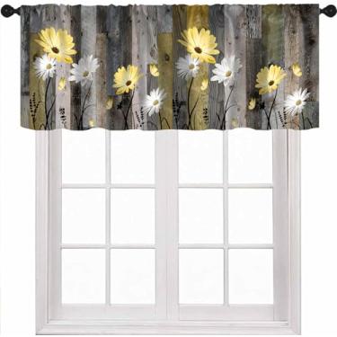 Imagem de Cortinas de cozinha florais de primavera, sanefas de bolso para varão, sanefas de tratamento de janelas pequenas para janela, sala de estar, quarto, banheiro, 1 painel, 137 L x 45 C, retrô amarelo