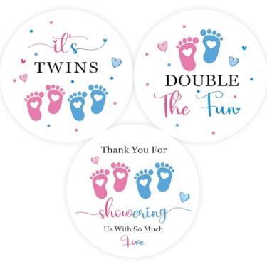 Imagem de 60 adesivos de chá de bebê It's Twins, adesivos de agradecimento para gêmeos, meninos e meninas, etiquetas de pés de bebê rosa e azul para revelação de gênero, pegada de lembrancinhas de festa de