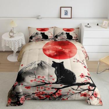 Imagem de Manfei Conjunto de edredom infantil de gato preto, tamanho Queen, Ukiyo-e, flor de cerejeira, sol vermelho, decoração de quarto de meninos e meninas, edredom com paisagem japonesa, edredom cinza, 2