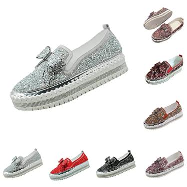 Imagem de AngryMonkey Tênis Feminino Sem Cadarço Com Strass E Glitter, Plataforma Confortável Laço Fofo, Sapato Casual Para Caminhada (11, Branco, Feminino, 11)