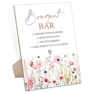 Imagem de Placa de bar buquê, placa de madeira estilo flor rosa com suporte, suprimentos para bar de flores, decoração de chá de panela, decorações de recepção de casamento, centros de mesa de chá de panela