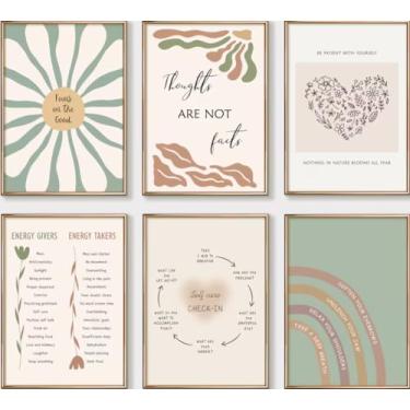 Imagem de 6 peças de arte de parede de saúde mental boho motivacional psicologia decoração de parede imagens inspiradoras citações positivas impressões de pôster em tela para sala de aula, escola, escritório