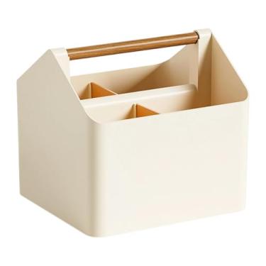 Imagem de MotiveTech Organizador de Armazenamento Portátil, Bolsa de Banho com Alça de Madeira, Cesta Dividida Faça Você Mesmo para Banheiro, Bege, Tamanho real